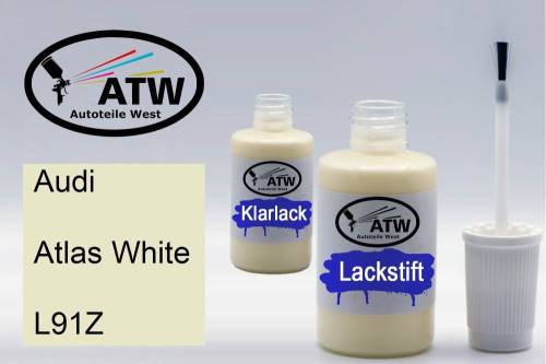 Audi, Atlas White, L91Z: 20ml Lackstift + 20ml Klarlack - Set, von ATW Autoteile West.